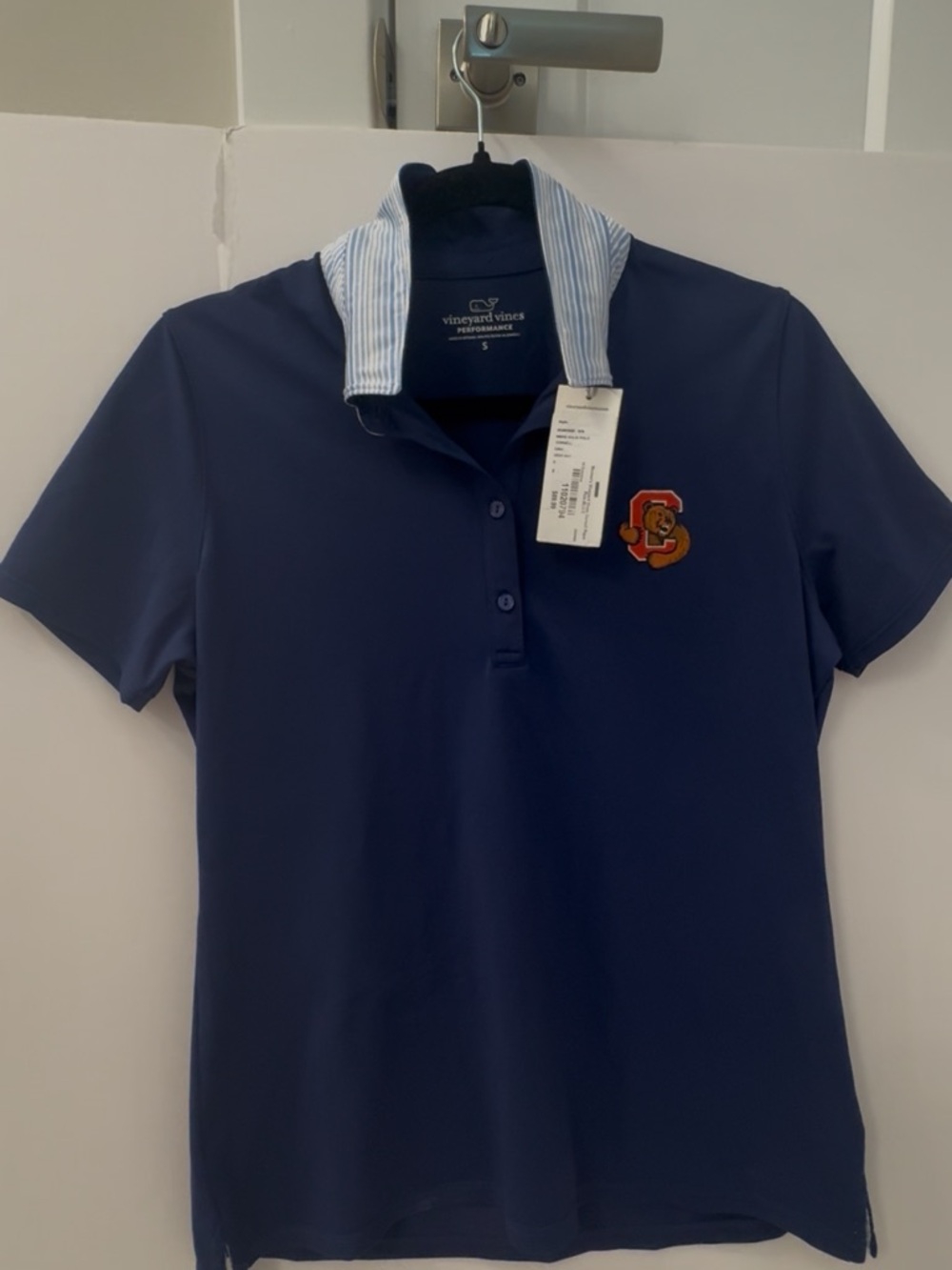 Vineyard Vines Navy Performance Polo with Striped Collar and Embroidered Mascot
